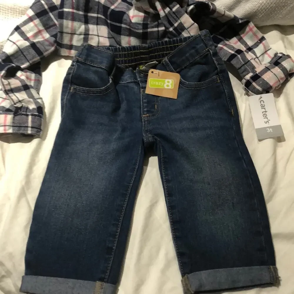 CArters flannel 3t shirt Capri crazy 8 jeans NWT